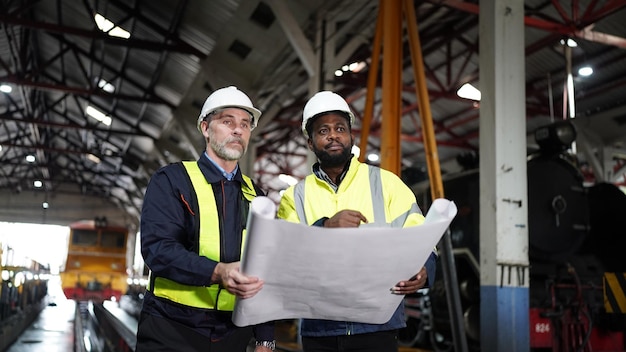 Retrato de ingeniero y aprendiz en taller de ingeniería ferroviaria