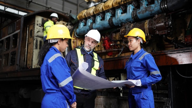 Retrato de ingeniero y aprendiz en taller de ingeniería ferroviaria