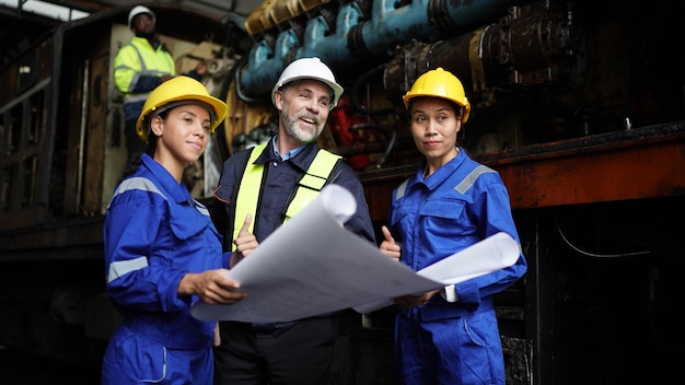 Retrato de ingeniero y aprendiz en taller de ingeniería ferroviaria