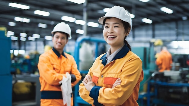 Foto retrato de ingeniero asiático hombre técnico mujer en uniforme seguro de pie y darse la vuelta para mirar