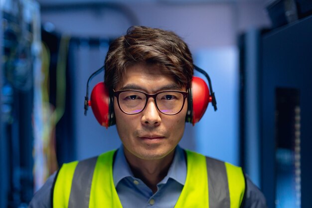 Retrato de un ingeniero asiático con tapones para los oídos en la sala de servidores de computadoras. concepto de gestión y mantenimiento del servidor de bases de datos
