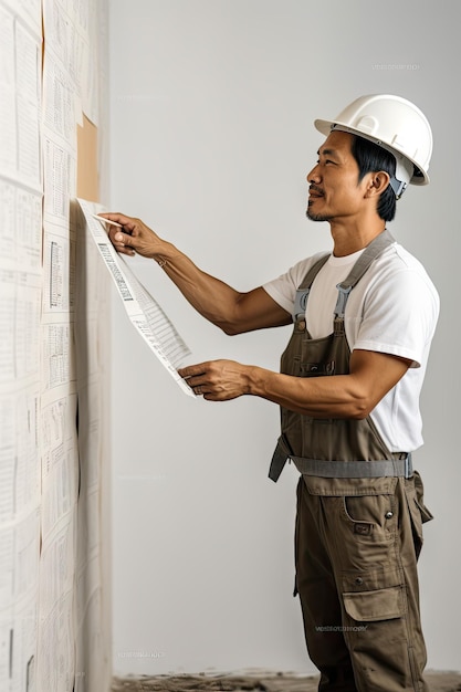 Foto retrato de un ingeniero asiático trabajando con planos en el sitio de construcción