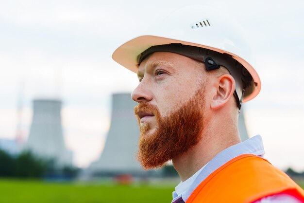 Retrato de un ingeniero con casco blanco y chaleco naranja Un hombre serio mira la red eléctrica Fondo de la planta de energía