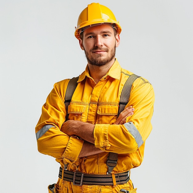 Retrato de ingeniero civil con uniforme de seguridad amarillo y gorra amarilla