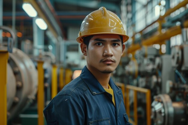 Retrato de ingeniero de mantenimiento de la industria hombre con uniforme y casco de seguridad en la estación de la fábrica