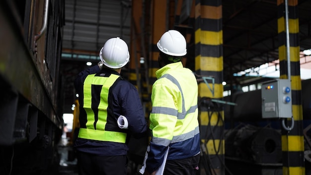 Retrato de ingeniero de mantenimiento o aprendiz en taller de ingeniería ferroviaria