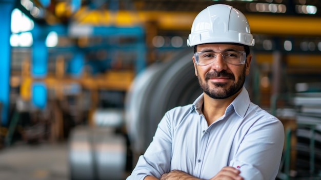 Retrato de ingeniero mecánico profesional hombre hispano con casco de seguridad blanco