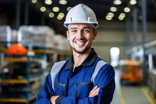 Retrato de un ingeniero profesional de la industria pesada sonriente que lleva un uniforme de seguridad