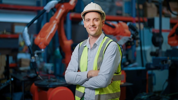 Retrato de un ingeniero que trabaja con brazos robóticos en la fábrica.