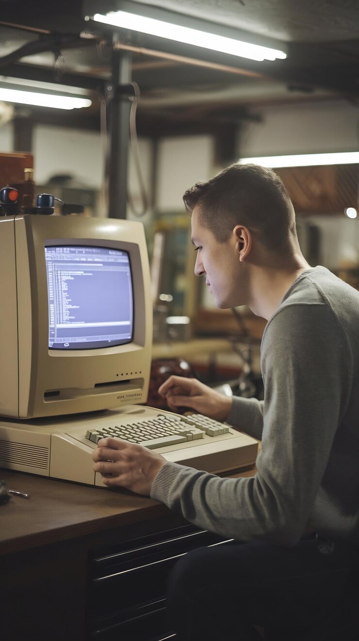 Foto retrato de un ingeniero de software caucásico programando en una vieja computadora de escritorio en un garaje retro en