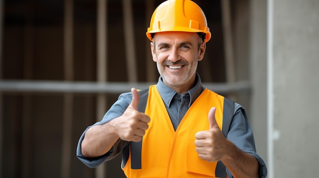 retrato de un ingeniero sonriente con casco mostrando el gesto de los pulgares hacia arriba