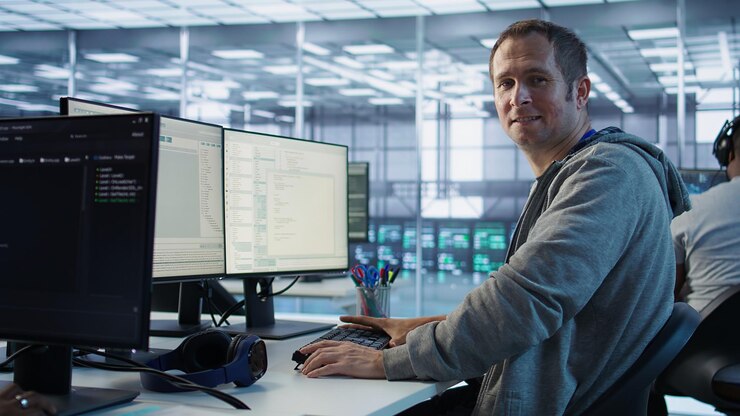 Foto retrato de un ingeniero sonriente inspeccionando las filas de servidores en el centro de datos