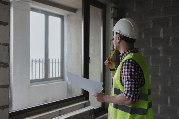 Retrato de un ingeniero en el trabajo un diseñador o arquitecto masculino europeo en el sitio