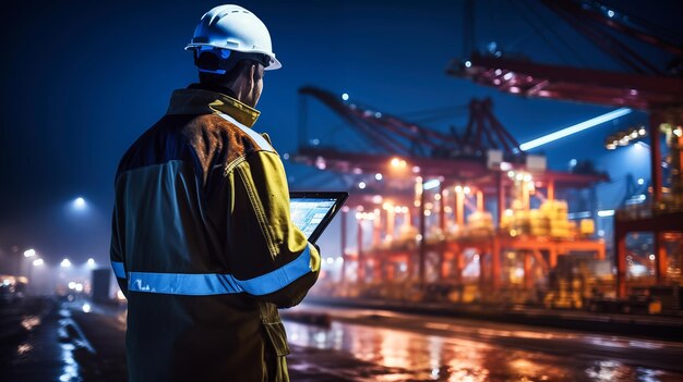 Retrato de un ingeniero usando una tableta en el sitio de la terminal de carga por la noche