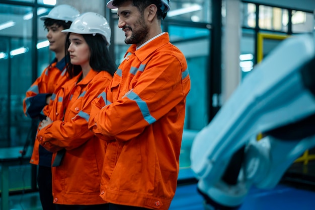 Retrato de ingenieros de robótica que trabajan con programación