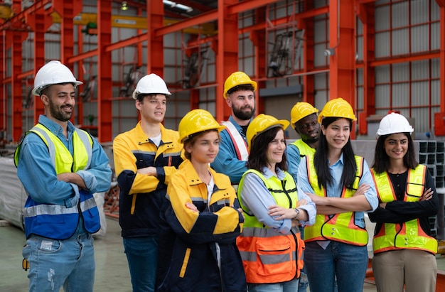 Retrato de ingenieros y trabajadores industriales con cascos en el sitio de construcción