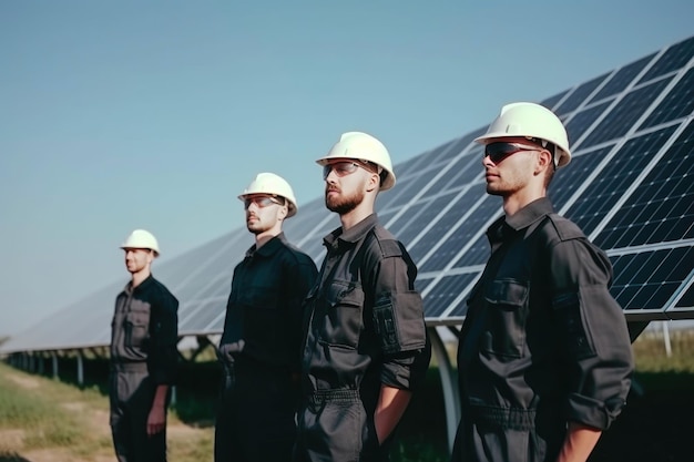 Retrato de ingenieros varones parados cerca de plantas de energía con paneles solares IA generativa