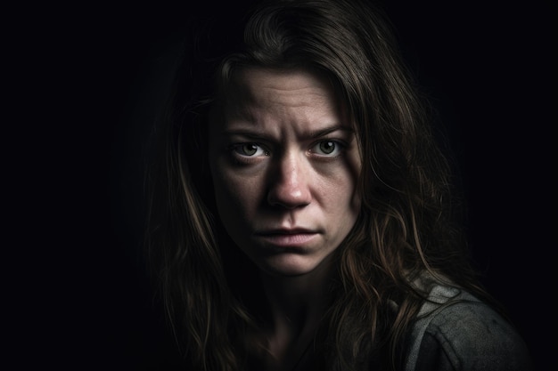 Retrato inquietante de una mujer con una expresión temerosa contra un fondo oscuro de estudio