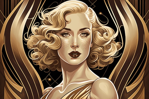 Retrato inspirado en el Art Deco de una mujer con cabello dorado y un traje glamuroso