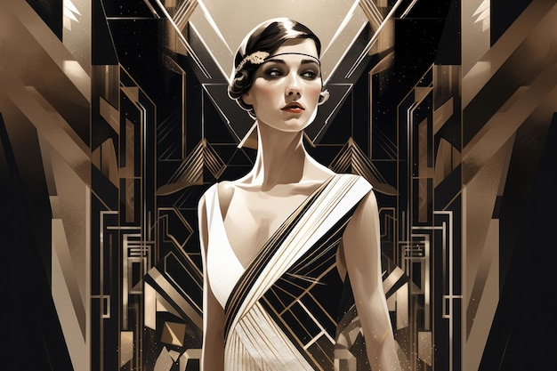 Retrato inspirado em Art Deco de uma mulher confiante em um elegante vestido de noite com detalhes metálicos