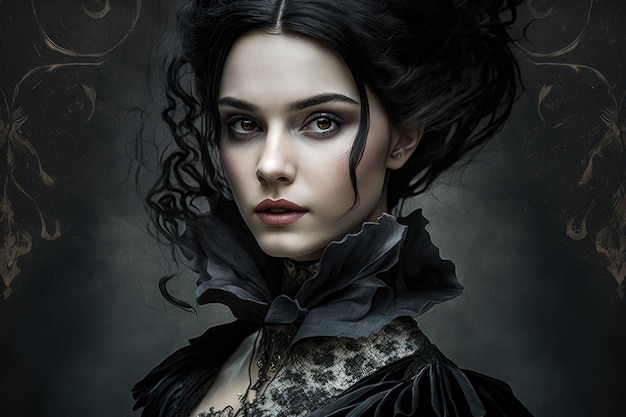 Retrato inspirado no gótico de uma mulher com cabelo preto e uma roupa misteriosa