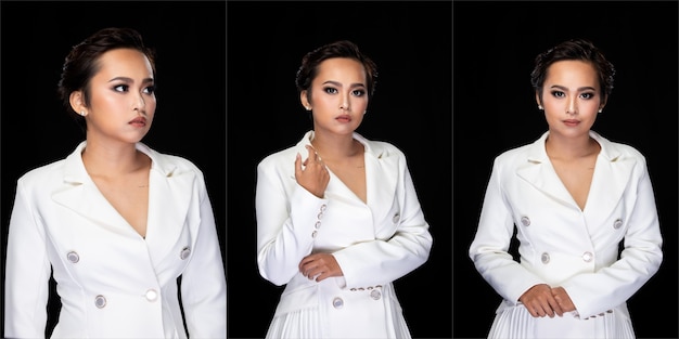 Retrato instantâneo, mulher de negócios asiática usa terno formal branco adequado, iluminação de estúdio com fundo preto isolado, conceito de pacote de colagem de Lawyer Boss