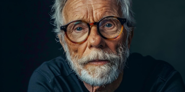 Retrato intenso de um homem idoso e sábio com olhos azuis vívidos