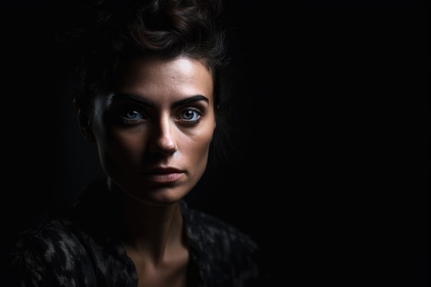 Foto retrato intenso de uma mulher com olhos invejosos e maquiagem escura filmado em um ambiente de estúdio melancólico
