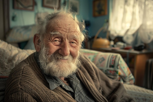 Retrato interior de um homem idoso sorridente e barbudo que irradia calor e alegria