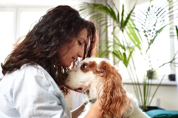 Retrato interior de una mujer joven emocionada con cabello castaño oscuro brillante rasguños perro beagle complacido con una sonrisa Chica elegante sonriente jugando con el perro mientras está acostado en el sofá junto a la almohada