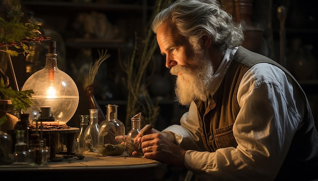 Foto retrato íntimo de um cientista ou educador no campo talvez observando a vida selvagem