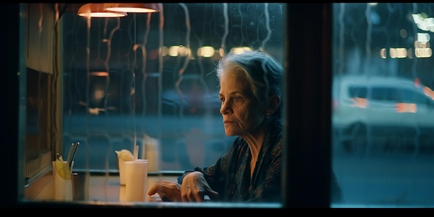 Retrato íntimo de uma mulher preocupada espiando pela janela de um bar em um dia chuvoso