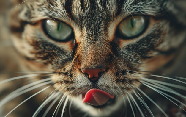 Un retrato íntimo de un gato tabby que muestra sus cautivadores ojos verdes, marcas faciales distintivas y delicados bigotes con su lengua jugosamente asomada.