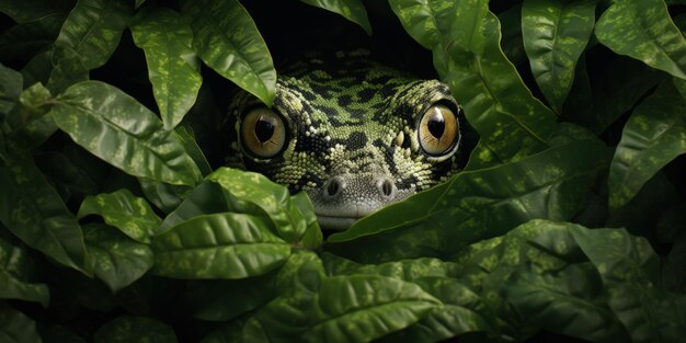 Un retrato íntimo de un geco en una vista frontal hábilmente camuflado entre la vegetación de las hojas