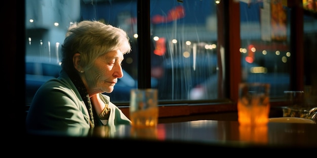 Retrato íntimo de una mujer preocupada que mira a través de una ventana de la barra en un día lluvioso
