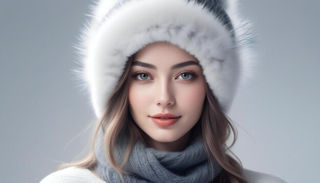 Retrato de invierno de una joven hermosa con sombrero de piel blanco y bufanda