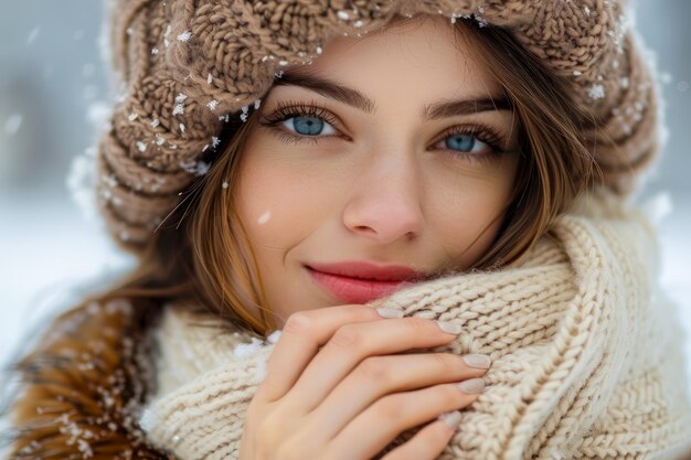 Retrato de invierno de una mujer joven con copos de nieve en sombrero de punto y suéter abrazando la estación fría