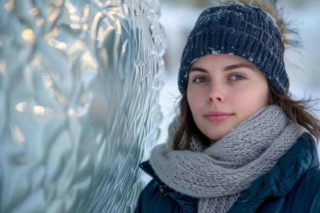 Retrato de invierno de una mujer joven con sombrero y bufanda cálidos por una superficie de vidrio congelado