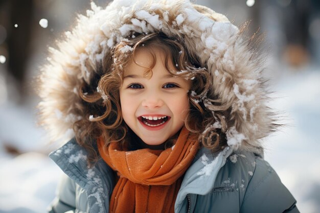 Retrato de invierno de niña sonriente helada festiva