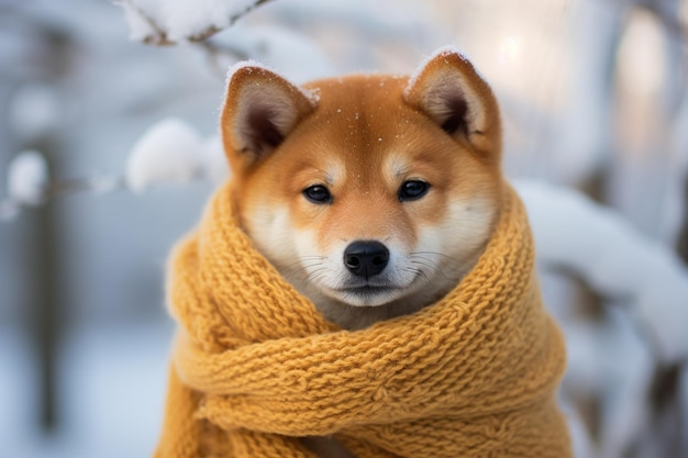 Un retrato de invierno de un Shiba Inu