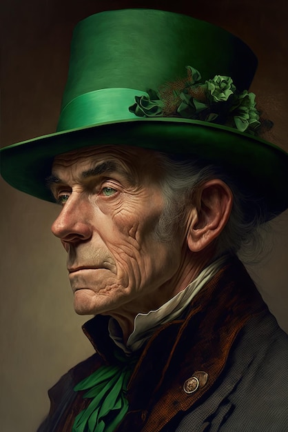 Retrato de un irlandés con sombrero verde Día de San Patricio Ilustración generativa de IA