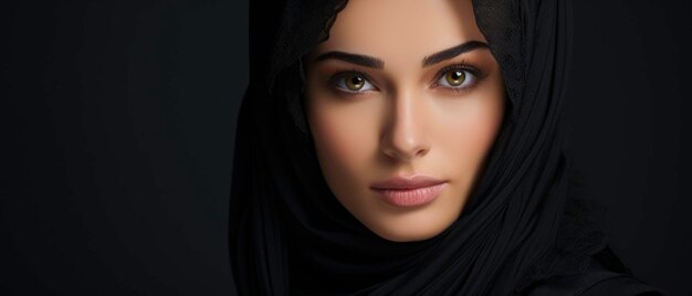 Retrato islámico con hijab negro mirando a la cámara en un fondo oscuro hermosa mujer musulmana