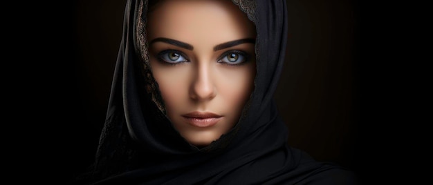 Retrato islâmico vestindo hijab preto olhando para a câmera em fundo escuro Bela senhora muçulmana