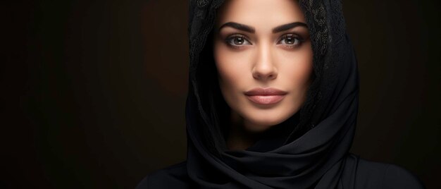 Retrato islâmico vestindo hijab preto olhando para a câmera em fundo escuro Bela senhora muçulmana