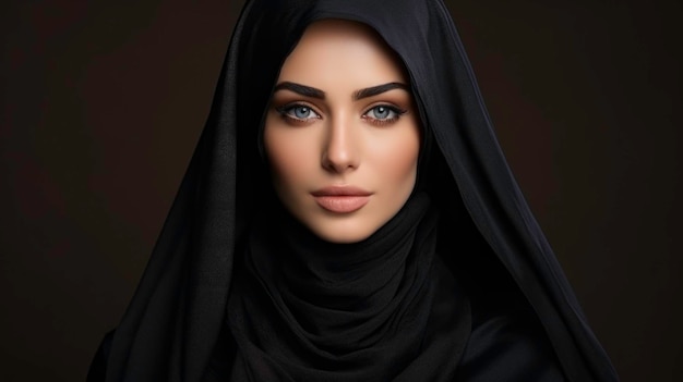 Retrato islâmico vestindo hijab preto olhando para a câmera em fundo escuro Bela senhora muçulmana