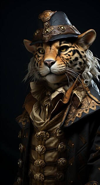 Foto retrato de jaguar pirata vestido de hisopo escoba de pierna de madera pantalones parcheados diseño de moda arte de vestuario