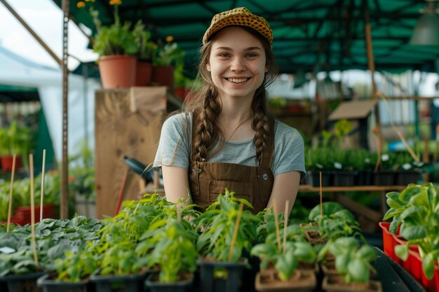 Foto retrato de una jardinera de pie detrás de las plantas en maceta en la mesa