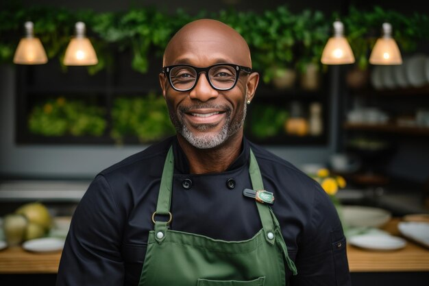 Retrato de un jefe de cocina afroamericano de cabello blanco en un delantal verde y gafas