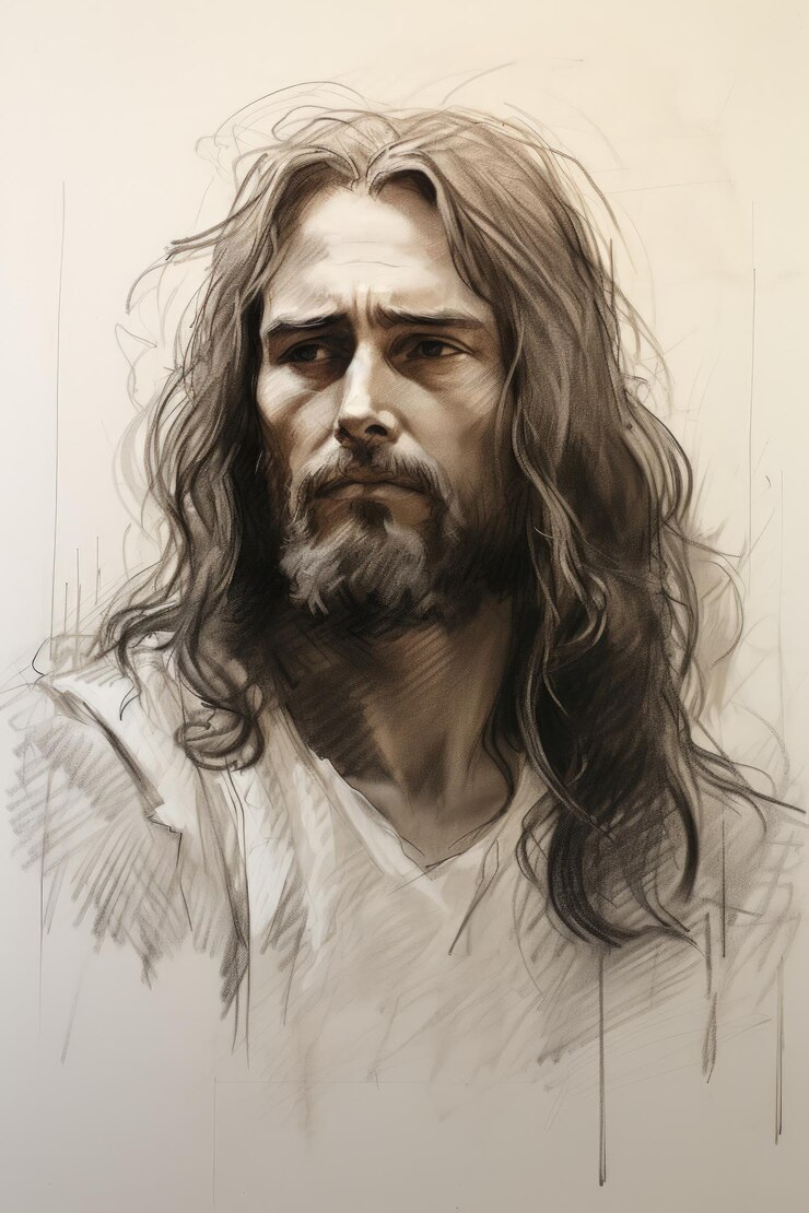Retrato de Jesús Dibujo de fuerza de boceto áspero IA generativa