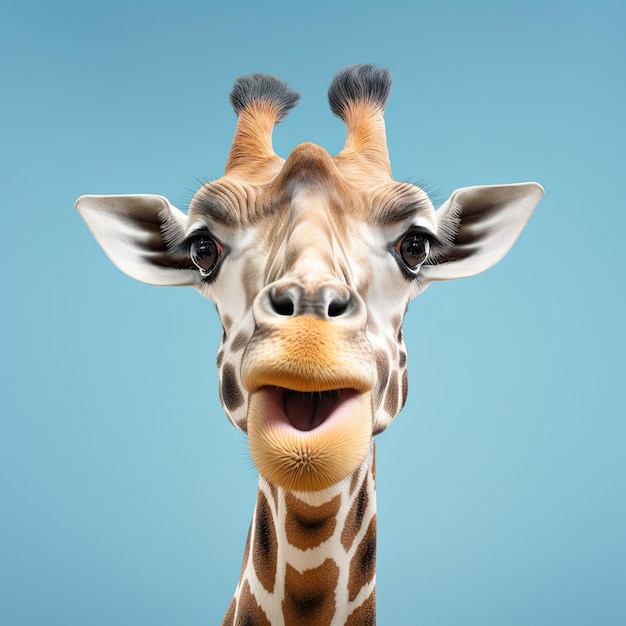Retrato de una jirafa con una expresión de sorpresa, ojos y boca bien abiertos mirando hacia adelante